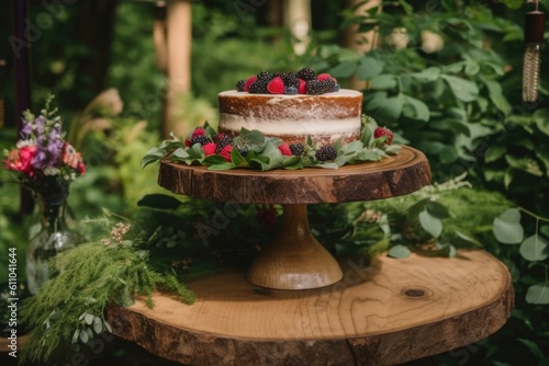a rustic cake stand with pops of color, surrounded by a border of natural greenery, created with generative ai