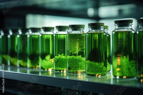 Algae, microalgae research in laboratories. biotechnology, science. Biofuel research process in laboratory. Generative AI