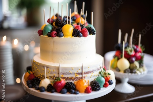 decorative cake with pops of color and fresh fruit accents, created with generative ai