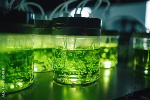 Algae, microalgae research in laboratories. biotechnology, science. Biofuel research process in laboratory. Generative AI photo