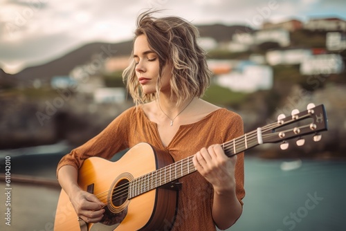 Close-up portrait photography of a glad girl in her 30s playing the guitar against a scenic coastal village background. With generative AI technology