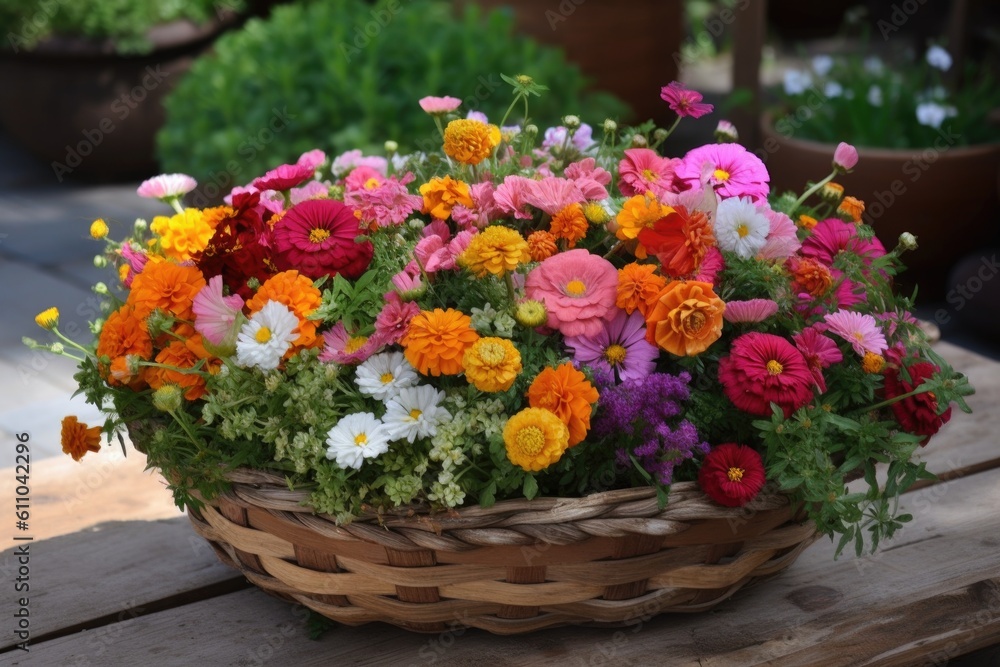 basket of colorful blooms for the garden, created with generative ai
