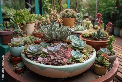 potted succulent garden, with different varieties of the plants arranged in various containers, created with generative ai