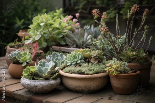 potted succulent garden, with different varieties of the plants arranged in various containers, created with generative ai