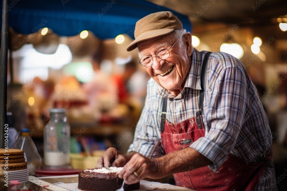 Medium shot portrait photography of a happy old man making a cake against a vibrant farmer's market background. With generative AI technology