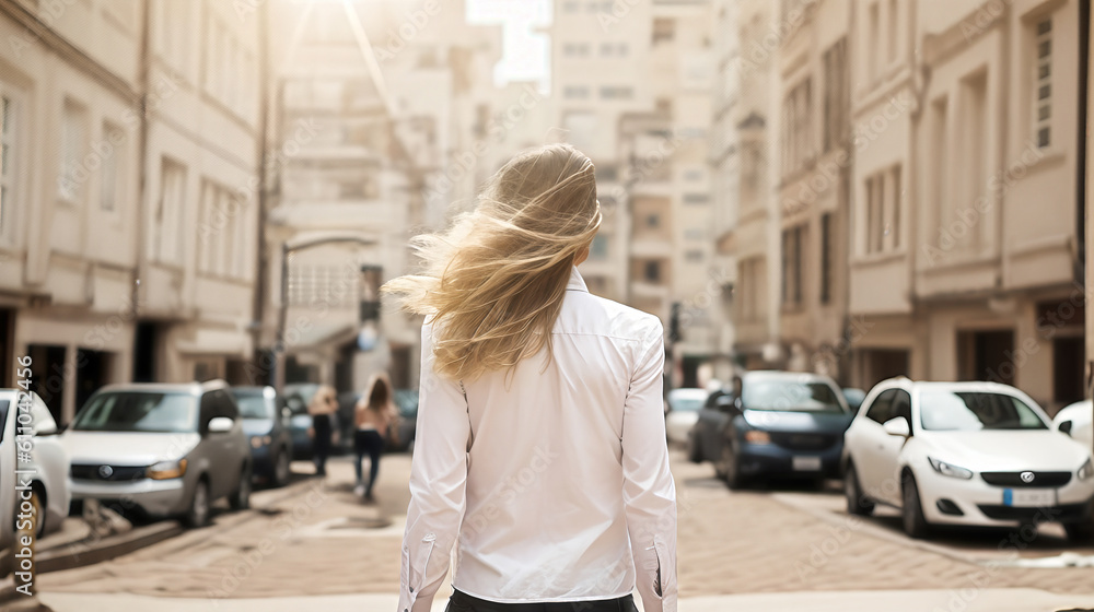 Fototapeta premium Backlit of a beautiful woman standing on a city street, created with generative AI technology