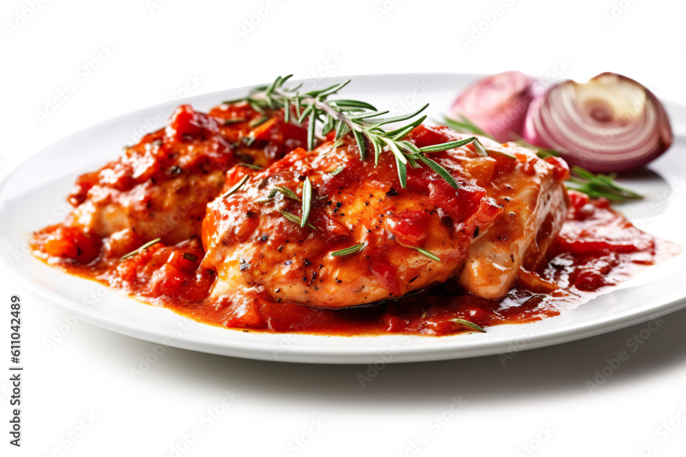 Pollo alla Cacciatora, chicken braised with onions, garlic, tomatoes, and herbs, served with crusty bread. Generative AI. Pollo alla Cacciatora, chicken braised with onions, garlic, tomatoes, and herbs, served with crusty bread. Generative AI.