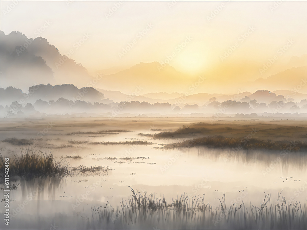 Elegant watercolor illustration landscape of wetland and mountain, created with generative AI technology