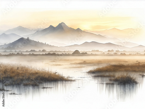 Elegant watercolor illustration landscape of wetland and mountain  created with generative AI technology