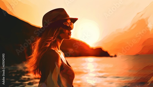 Beautiful sexy girl at the beach at sunset. Generative Ai illustration