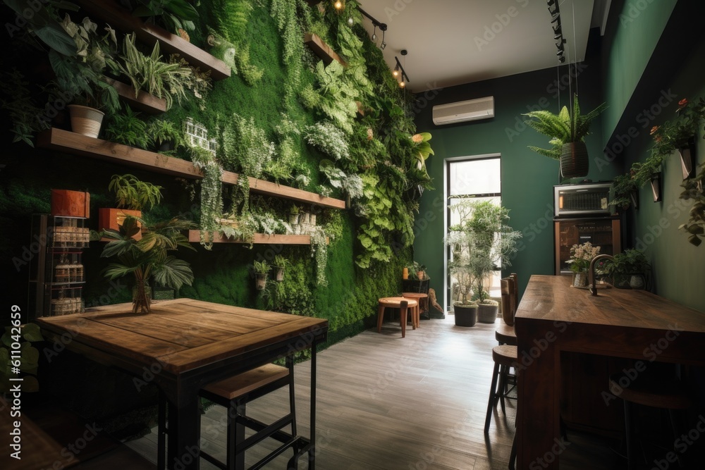 green wall of natural foliage and flowers in eco-friendly home, created with generative ai