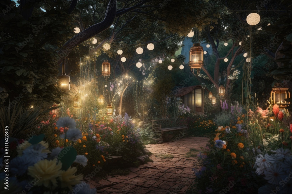 magical garden with blooming flowers, glittering lanterns, and enchanting music, created with generative ai