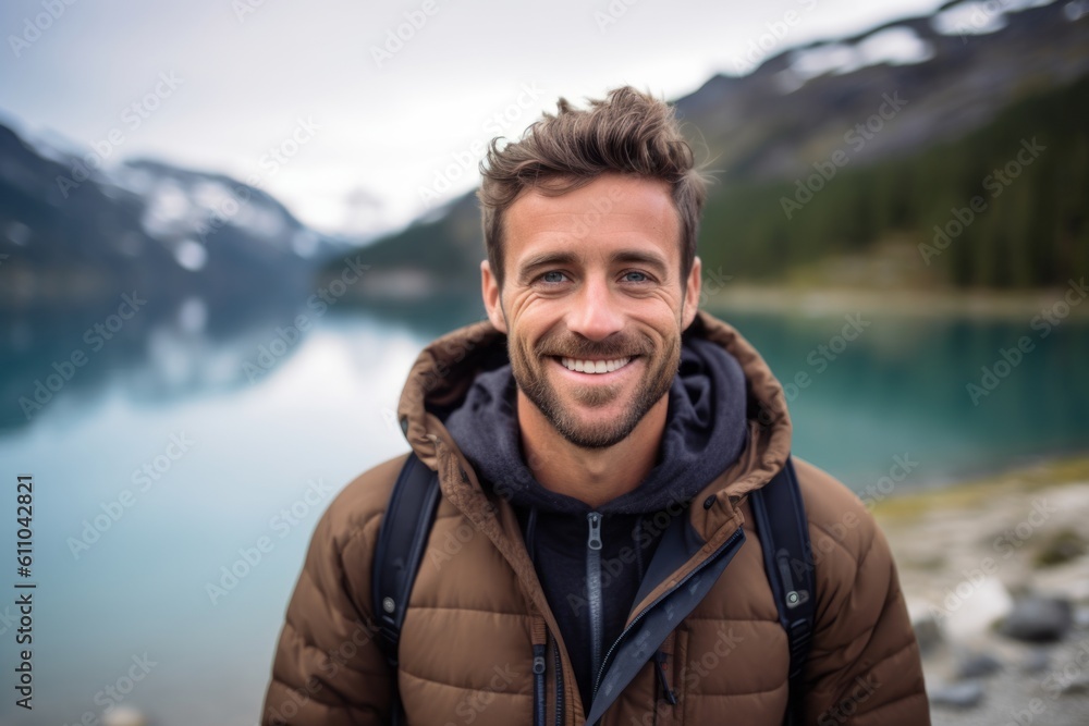 Medium shot portrait photography of a grinning boy in his 30s smiling against a serene alpine lake background. With generative AI technology