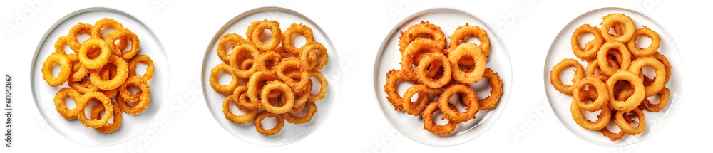 Fried Onion Rings on white plate, top view with transparent background, Generative AI Technology