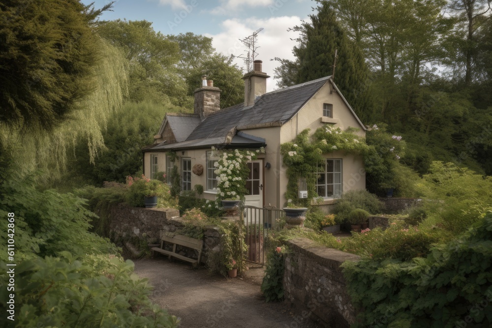 quaint garden cottage, with view of the gardens and rolling hills in the distance, created with generative ai