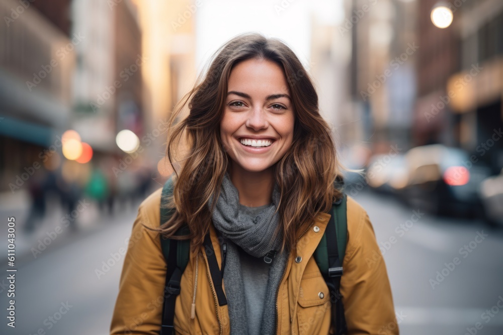 Lifestyle portrait photography of a grinning girl in her 30s drawing against a lively downtown street background. With generative AI technology Lifestyle portrait photography of a grinning girl in her 30s drawing against a lively downtown street background. With generative AI technology