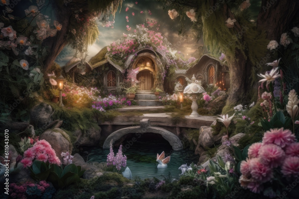 magical garden with fairies and magic, surrounded by blooming flowers, created with generative ai magical garden with fairies and magic, surrounded by blooming flowers, created with generative ai