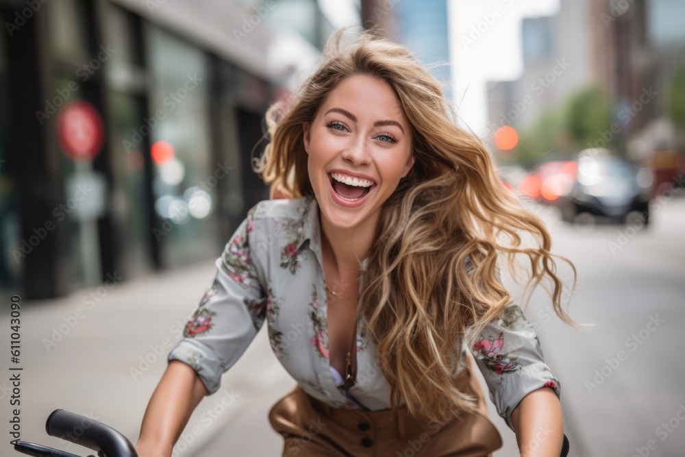 Lifestyle portrait photography of a grinning girl in her 30s riding a bike against a lively downtown street background. With generative AI technology