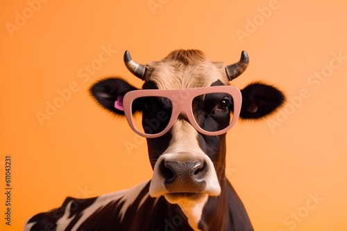 head cute sunglasses face character portrait colourful cow animal funny. Generative AI.