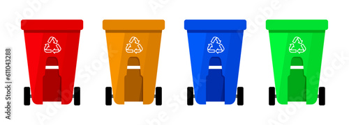 Recycle bin vector. Red, yellow, blue and green recycle bins for sorting waste