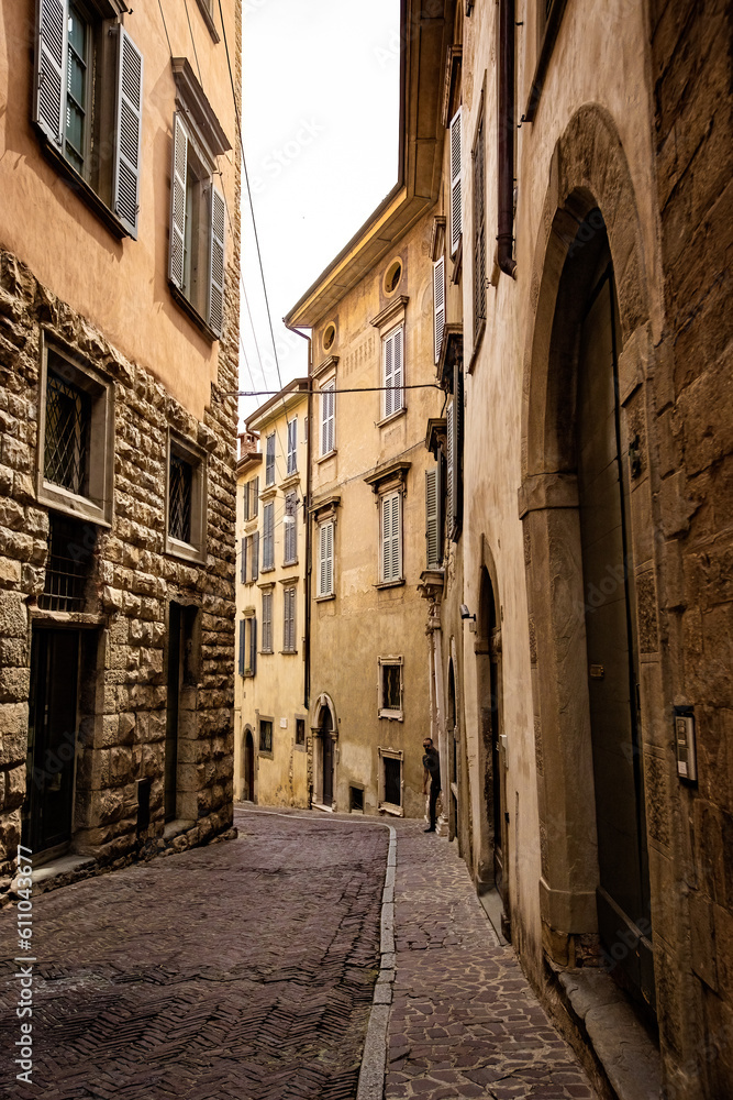 Historical center of Bergamo, upper town traditional houses Italy