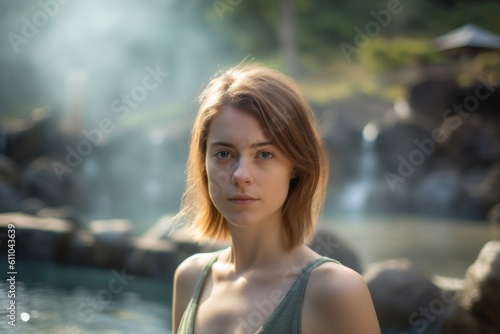 Environmental portrait photography of a glad girl in her 30s with crossed arms against a scenic hot springs background. With generative AI technology
