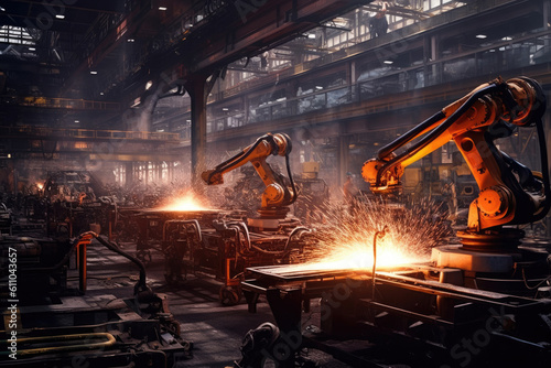 Industrial welding robots in production line, Generative AI