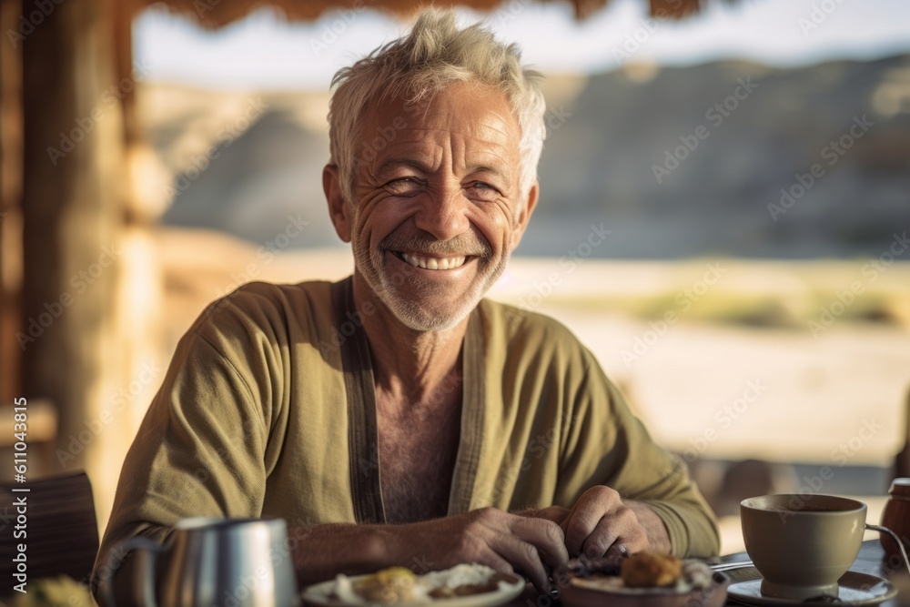 Medium shot portrait photography of a grinning mature man having breakfast against a scenic hot springs background. With generative AI technology Medium shot portrait photography of a grinning mature man having breakfast against a scenic hot springs background. With generative AI technology