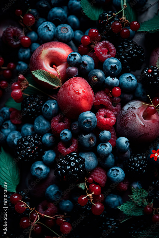 A close up of a pile of blueberries and raspberry. Generative AI A close up of a pile of blueberries and raspberry. Generative AI