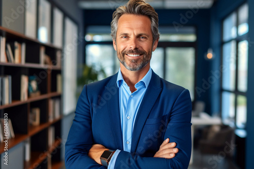 Fototapeta Happy middle aged business man ceo standing in office arms crossed