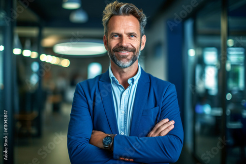 Happy middle aged business man ceo standing in office arms crossed. Smiling mature confident professional executive manager, proud lawyer,  businessman leader wearing blue suit, created with ai photo