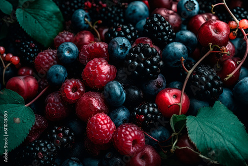 A close up of a pile of blueberries and raspberry. Generative AI