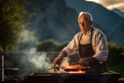 Environmental portrait photography of a glad old man cooking on a grill against a scenic hot springs background. With generative AI technology