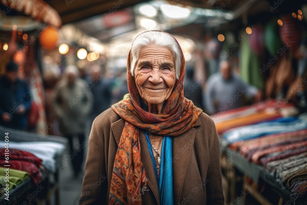 Medium shot portrait photography of a glad old woman walking against a bustling outdoor bazaar background. With generative AI technology