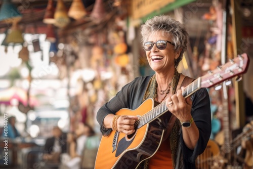Environmental portrait photography of a joyful mature woman playing the guitar against a bustling outdoor bazaar background. With generative AI technology