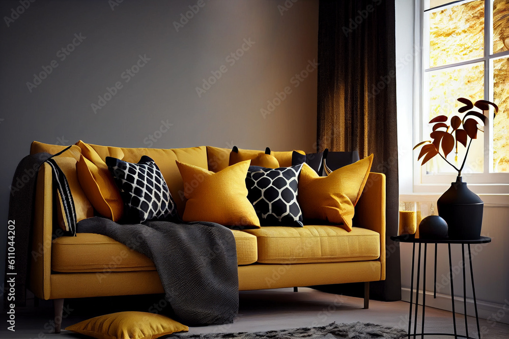 Scandinavian sofa with pillows and dark yellow, Created with Generative AI technology