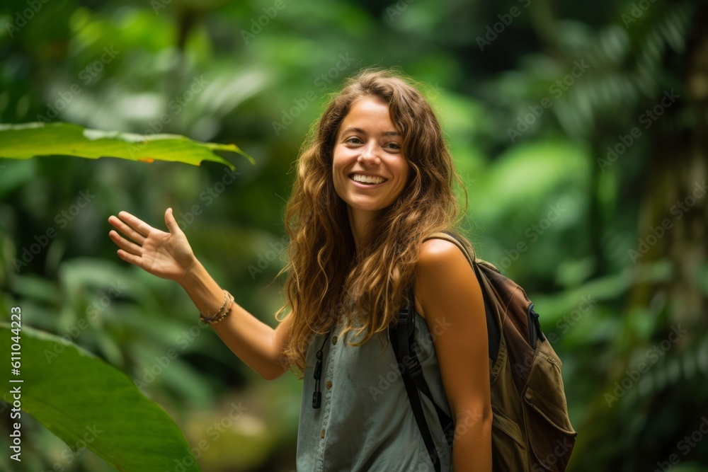 Environmental portrait photography of a glad girl in her 30s showing ok gesture against a scenic tropical rainforest background. With generative AI technology