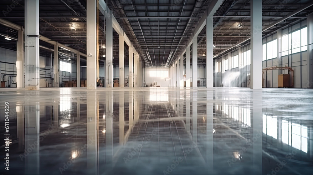 Industrial building or modern factory for manufacturing production plant or large warehouse, Polished concrete floor clean condition and space for industry product, Generative AI