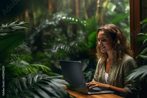 Medium shot portrait photography of a satisfied girl in her 30s using the laptop against a scenic tropical rainforest background. With generative AI technology