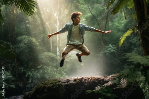 Wallpaper Mural Photography in the style of pensive portraiture of a satisfied boy in his 30s jumping against a scenic tropical rainforest background. With generative AI technology Torontodigital.ca