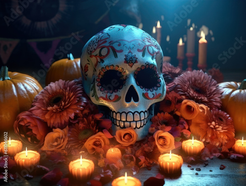 Day of the Dead sugar skull makeup with flowers and candles on dark background Created with Generative AI technology