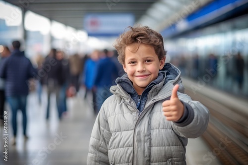 Close-up portrait photography of a glad kid male showing ok gesture against a bustling trainplatform background. With generative AI technology