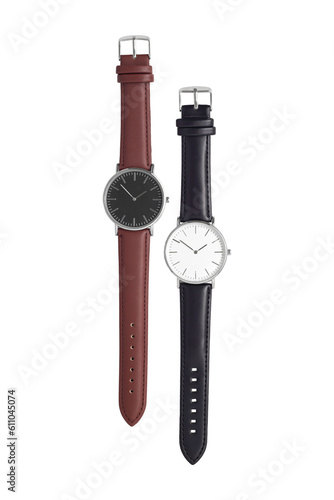 Classic leather black and brown watch on transparent background