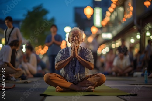 Environmental portrait photography of a glad mature man practicing yoga against a lively night market background. With generative AI technology