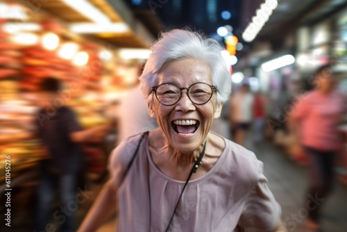 Medium shot portrait photography of a grinning mature woman running against a lively night market background. With generative AI technology © Markus Schröder