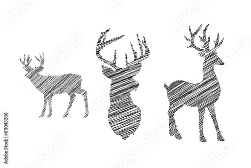 deer Scribbles- three deer made using scribbles, hand drawn design, scribble different deer standing illustration