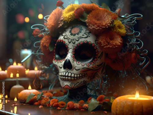 Day of the Dead woman skull makeup with flowers and candles on dark background Created with Generative AI technology