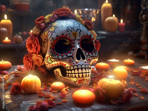 Day of the Dead sugar skull makeup with flowers and candles on dark background Created with Generative AI technology