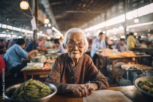 Environmental portrait photography of a glad old woman having breakfast against a bustling indoor market background. With generative AI technology