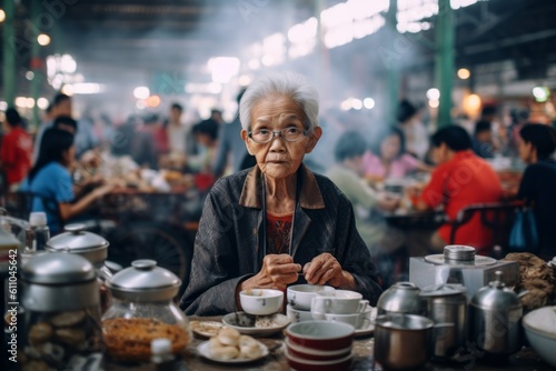 Environmental portrait photography of a glad old woman having breakfast against a bustling indoor market background. With generative AI technology